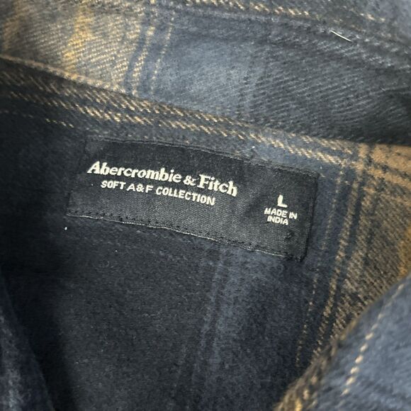Abercrombie & Fitch Shirt Jacket Mens Large Blue Tan Plaid Flannel Pockets - Picture 2 of 9